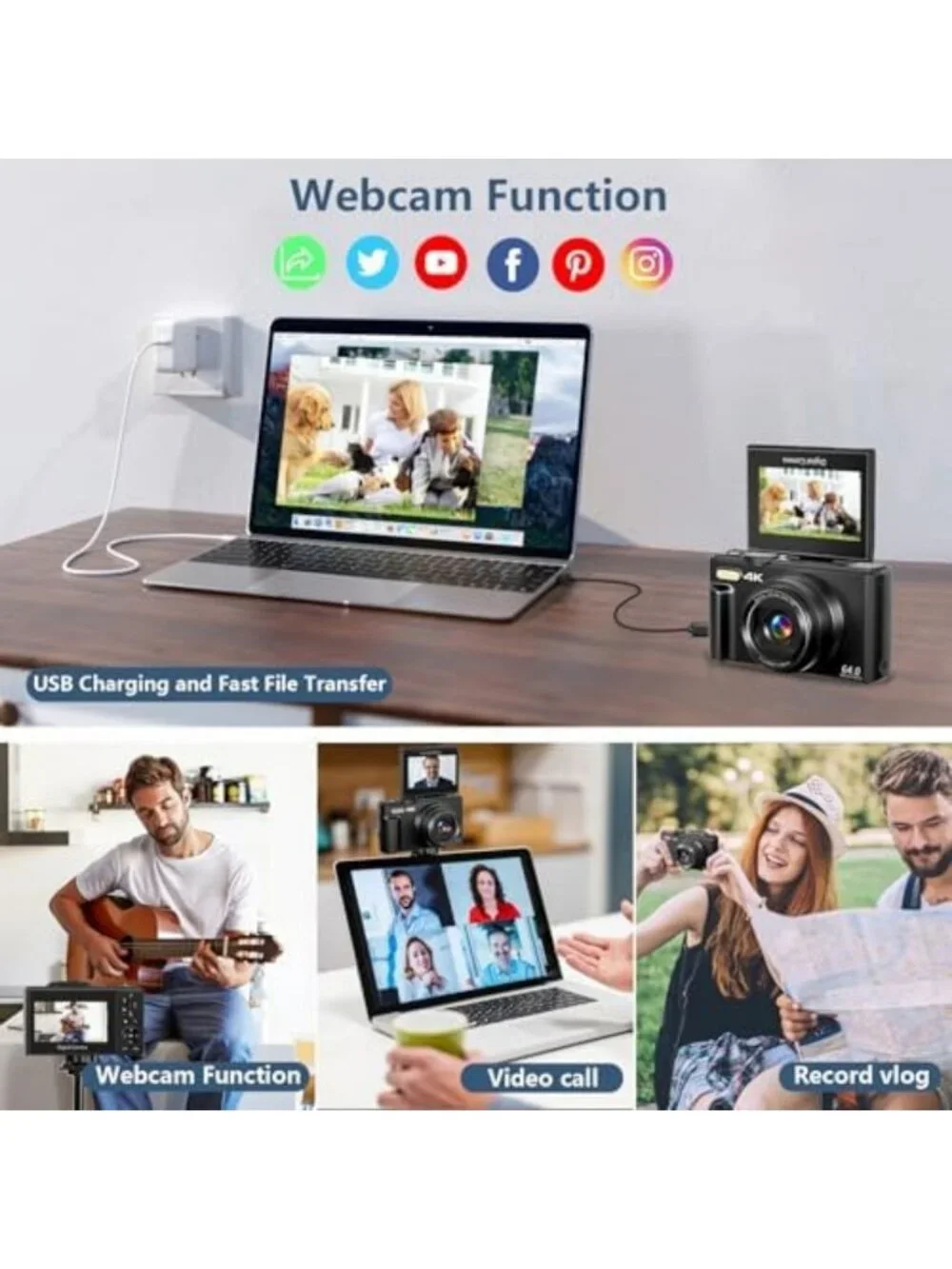 Compact 4K Digital Camera for Photography & Vlogging, 180° Flip Screen, 18X Zoom